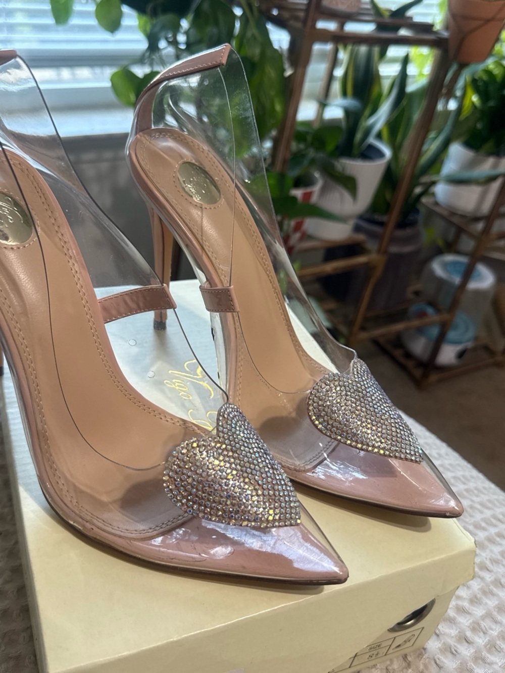 Women's Pink Clear Pointed-Toe Heels with Crystal Heart Accent